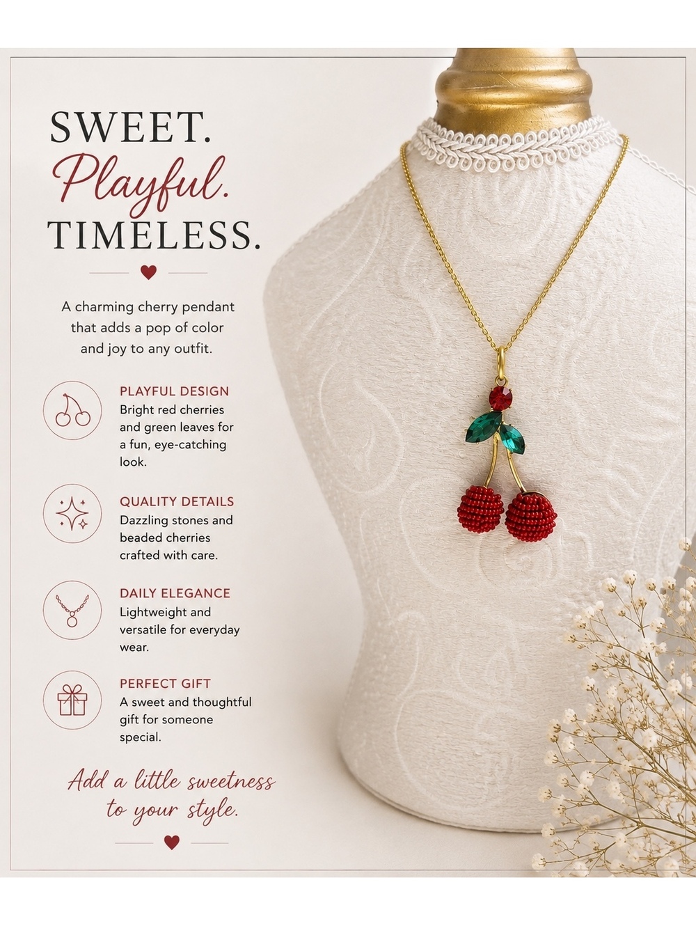 Charming Playful Cherry Pendant Necklace with Beaded Red Cherries
